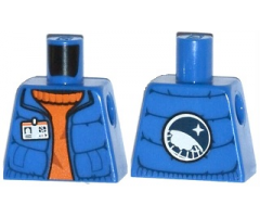 Torso Down Vest with ID Badge over Orange Sweater, Arctic Explorer Logo on Reverse Pattern