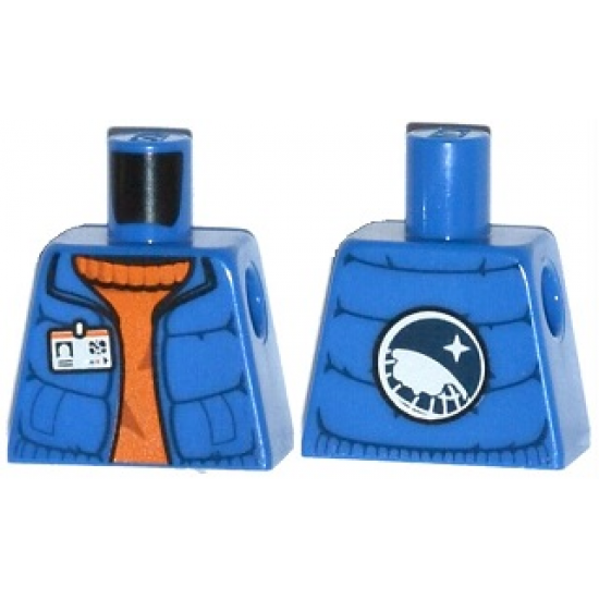 Torso Down Vest with ID Badge over Orange Sweater, Arctic Explorer Logo on Reverse Pattern