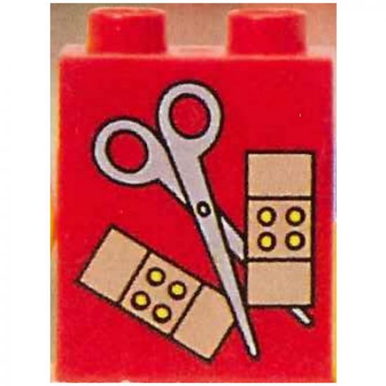 Duplo, Brick 1 x 2 x 2 with Scissors and Bandages Pattern
