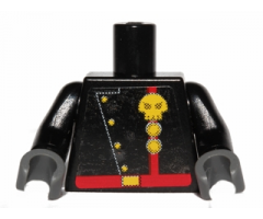 Torso Space Skull Logo and Two Circles on Red Stripe with Diagonal Buttons and Red Belt Pattern (Sticker) / Black Arms / Dark Bluish Gray Hands