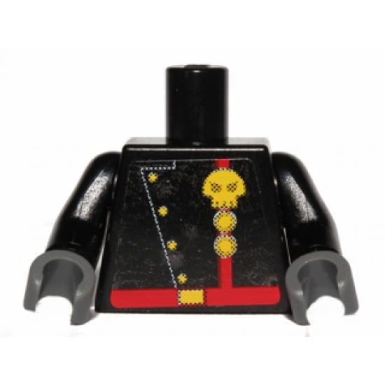 Torso Space Skull Logo and Two Circles on Red Stripe with Diagonal Buttons and Red Belt Pattern (Sticker) / Black Arms / Dark Bluish Gray Hands