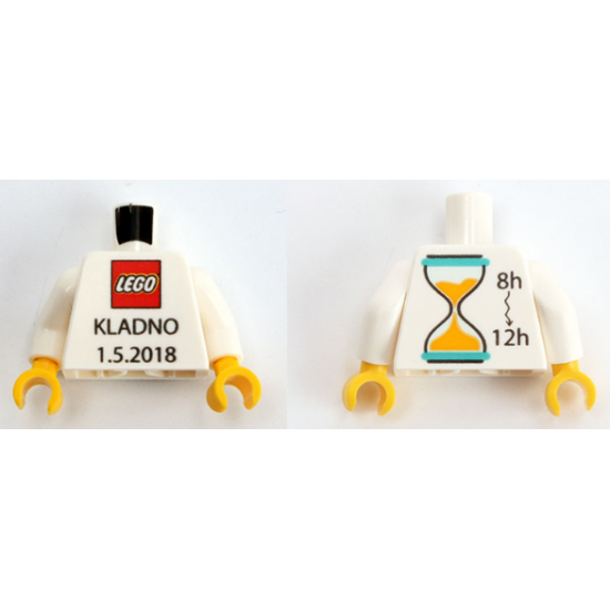 Torso Lego Logo 'Kladno 1.5.2018' Front, '8H-12H' and Hourglass Back Pattern / White Arms / Yellow Hands