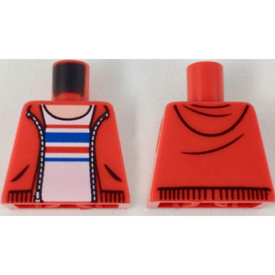Torso Hoodie with Zipper, Light Nougat Neck, White Shirt with Red and Blue Stripes Pattern