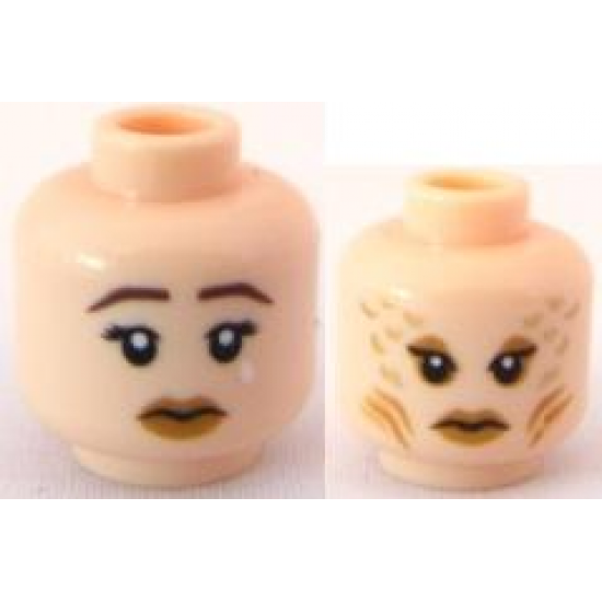 Minifigure, Head Dual Sided Female Mermaid with Dark Brown Sad Eyebrows and Tear / Scales and Gills Pattern - Blocked Open Stud