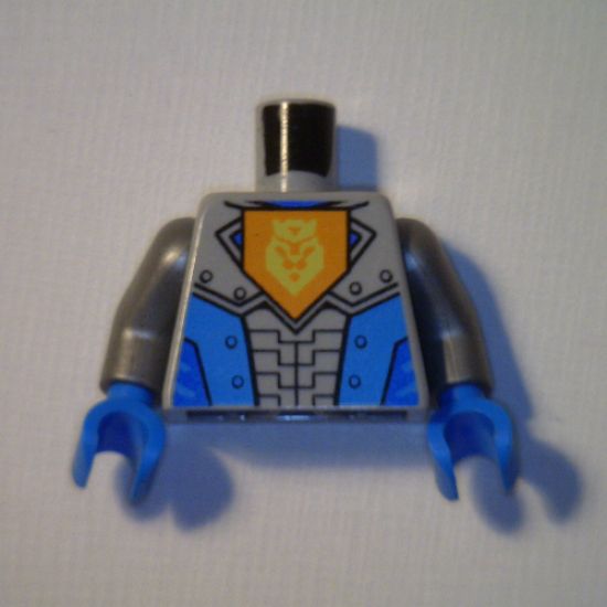 Torso Nexo Knights Armor with Orange Emblem with Yellow Crowned Lion, Dark Azure Panels Pattern / Flat Silver Arms / Blue Hands