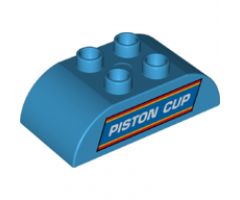 Duplo, Brick 2 x 4 Curved Top with White 'PISTON CUP' Pattern