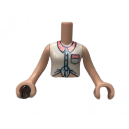 Mini Doll, Torso Friends Girl White Tied Sleeveless Shirt, Coral Collar and Pocket Pattern, Light Nougat Arms with Hands