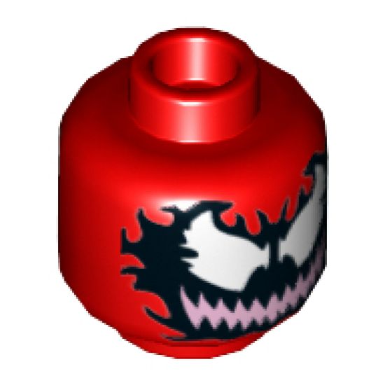 Minifigure, Head Alien with Large White Eyes and Bright Pink Wide Grin with Sharp Teeth on Black Pattern (Carnage) - Hollow Stud