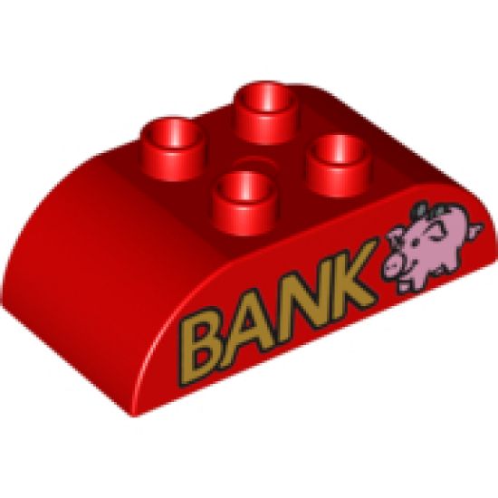 Duplo, Brick 2 x 4 Curved Top with Gold 'BANK' and Piggy Bank Pattern