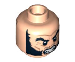 Minifigure, Head Dual Sided Bushy Black Eyebrows and Long Thick Sideburns, Frown / Angry Pattern - Hollow Stud