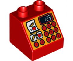 Duplo, Brick 2 x 2 x 1 1/2 Slope 45 with Cash Register with '1.23' Pattern