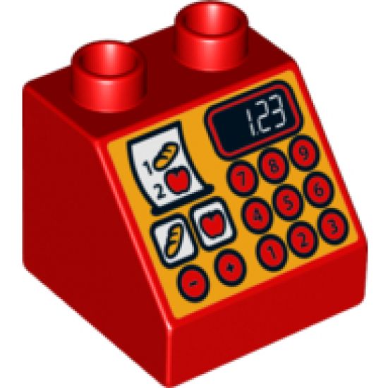 Duplo, Brick 2 x 2 x 1 1/2 Slope 45 with Cash Register with '1.23' Pattern