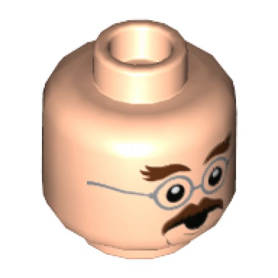 Minifigure, Head Dual Sided Dark Brown Bushy Eyebrows, Moustache, Silver Round Glasses, Open Mouth / Shocked Pattern - Hollow Stud