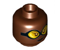Minifigure, Head Dual Sided Female, Black Goggles with Yellow Lenses, Dark Brown Lips, Lopsided Grin / Scowl Showing Teeth Pattern - Hollow Stud