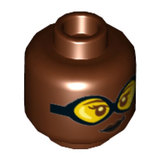 Minifigure, Head Dual Sided Female, Black Goggles with Yellow Lenses, Dark Brown Lips, Lopsided Grin / Scowl Showing Teeth Pattern - Hollow Stud