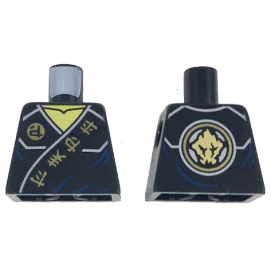 Torso Ninjago Robe with Gold Ninjago Logogram 'Fire Earth Lightning Energy' on Black Sash Pattern