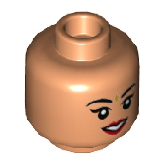Minifigure, Head Dual Side Female, Black Eyebrows, Gold Bindi, Red Lips, Lopsided Grin / Open Smile Pattern Hollow Stud