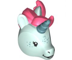 Minifigure, Head, Modified Unicorn with Metallic Blue Horn and Freckles and Coral Mane Pattern