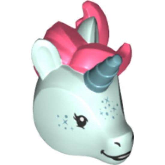 Minifigure, Head, Modified Unicorn with Metallic Blue Horn and Freckles and Coral Mane Pattern
