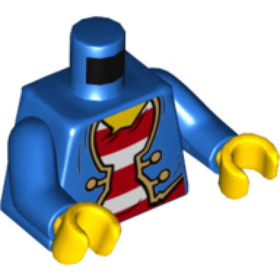 Torso Pirate Open Jacket over Red and White Striped Shirt, Gold Trim and Buttons Pattern / Blue Arms / Yellow Hands