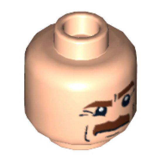 Minifigure, Head Moustache Brown Bushy, Brown Eyebrows, White Pupils Pattern - Blocked Open Stud