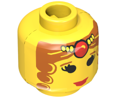 Minifigure, Head Female with Brown Curly Hair and Tiara, Eyelashes and Red Lips Pattern - Blocked Open Stud