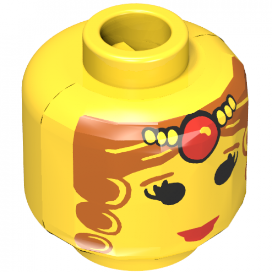 Minifigure, Head Female with Brown Curly Hair and Tiara, Eyelashes and Red Lips Pattern - Blocked Open Stud