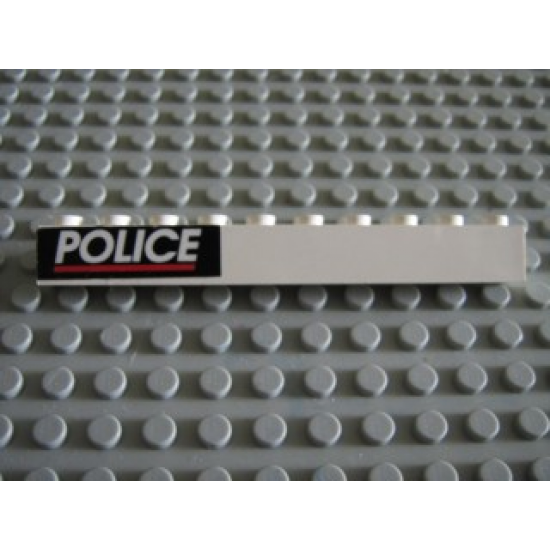 Brick 1 x 10 with White 'POLICE' and Red Line on Black Background Pattern (Sticker) - Set 6598