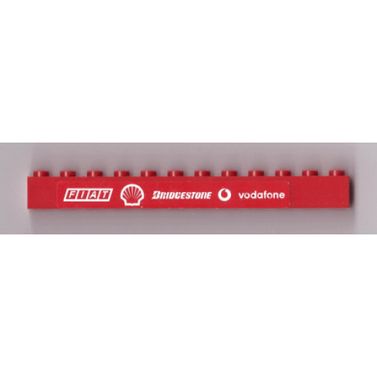Brick 1 x 12 with White 'FIAT', Shell Logo, 'BRIDGESTONE', Vodafone Logo and 'vodafone' on Red Background Pattern (Sticker) - Set 8654