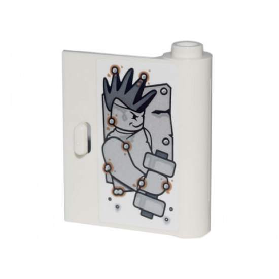 Door 1 x 3 x 3 Right - Open Between Top and Bottom Hinge with Minifigure with Mohawk Holding Dumbell and Metal Rivets Pattern (Sticker) - Set 70840