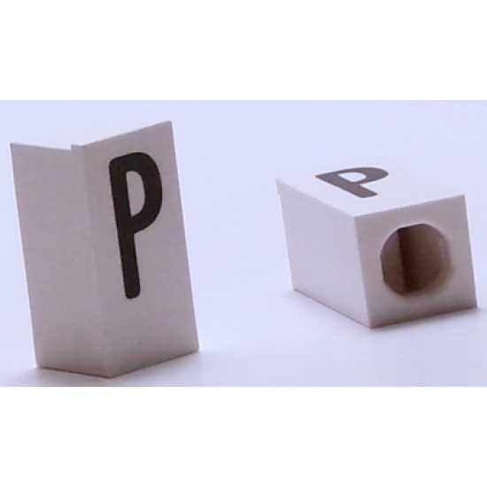 Tile, Modified 1 x 2 x 5/6 with Stud Hole in End and Black 'P' Upper Case Pattern
