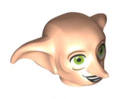 Minifigure, Head, Modified Dobby Type 2 with Lime Green Eyes Detailed and Smile Showing Teeth Pattern