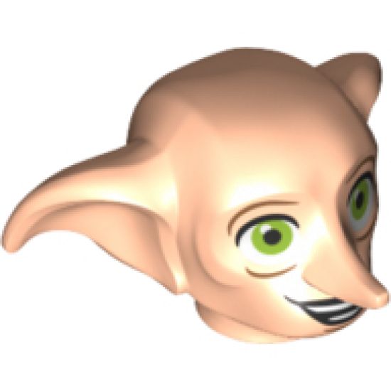 Minifigure, Head, Modified Dobby Type 2 with Lime Green Eyes Detailed and Smile Showing Teeth Pattern