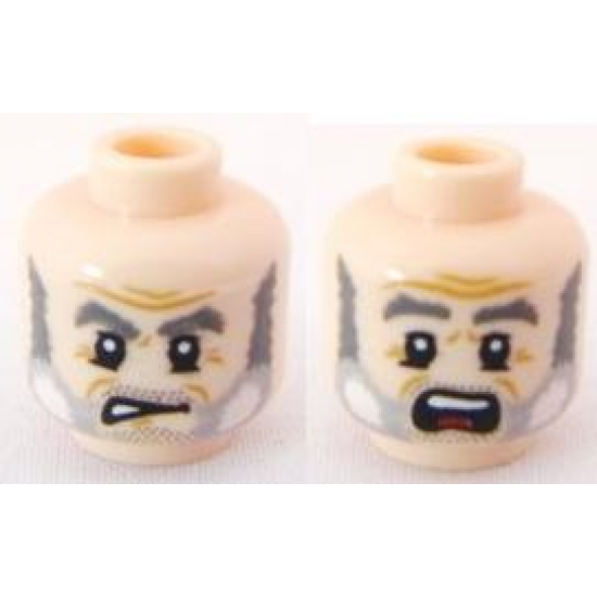 Minifigure, Head Dual Sided PotC Gibbs Gray Beard and Eyebrows, Crow's Feet, Angry / Scared Pattern - Blocked Open Stud