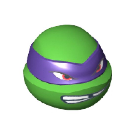 Minifigure, Head, Modified Ninja Turtle with Dark Purple Mask and Missing Tooth Scowl Pattern (Donatello)