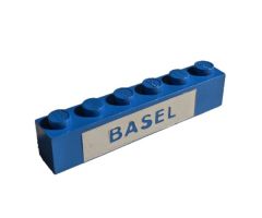Brick 1 x 6 without Bottom Tubes with Cross Side Supports with Blue in White 'BASEL' Pattern