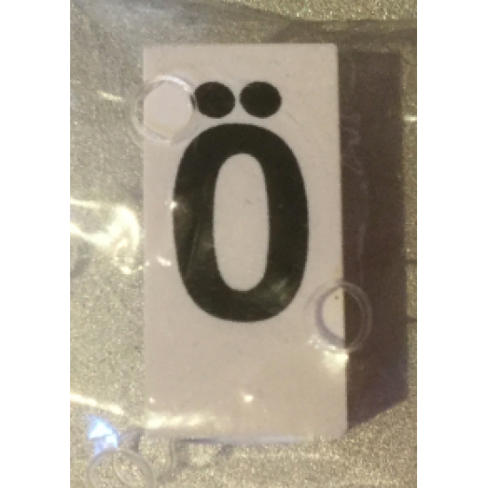 Tile, Modified 1 x 2 x 5/6 with Stud Hole in End and Black 'Ö' Upper Case Pattern