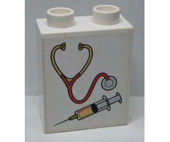Duplo, Brick 1 x 2 x 2 with Stethoscope / Syringe Pattern (Sticker) - Set 9226