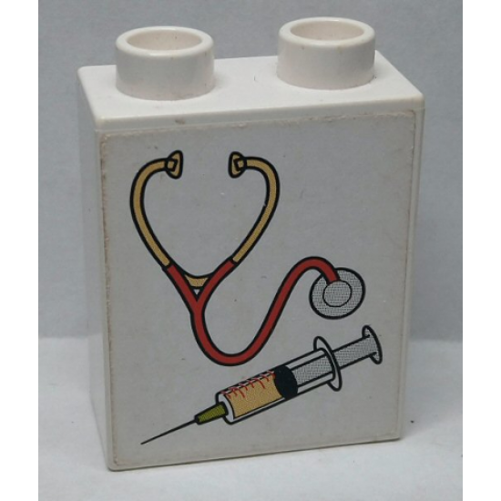Duplo, Brick 1 x 2 x 2 with Stethoscope / Syringe Pattern (Sticker) - Set 9226