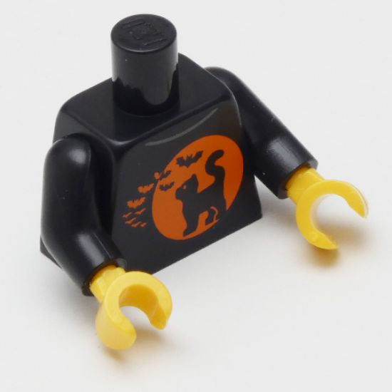 Torso Black Cat on Orange Moon Background and Bats Pattern (BAM) / Black Arms / Yellow Hands