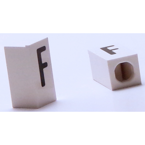Tile, Modified 1 x 2 x 5/6 with Stud Hole in End and Black 'F' Upper Case Pattern