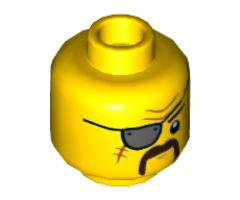 Minifigure, Head Gray Eyepatch, Moustache Dark Brown Fu Manchu, Scar, Wrinkles, Crow's Feet Pattern - Hollow Stud