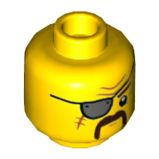 Minifigure, Head Gray Eyepatch, Moustache Dark Brown Fu Manchu, Scar, Wrinkles, Crow's Feet Pattern - Hollow Stud