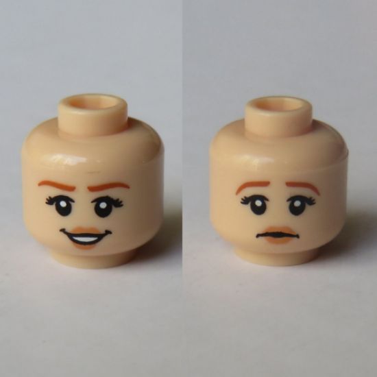 Minifigure, Head Dual Sided Female Dark Orange Eyebrows, Peach Lips, Smile / Sad Pattern (Claire Dearing) - Hollow Stud