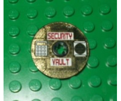 Technic, Disk 3 x 3 with Dark Red 'SECURITY VAULT' on Gold Background Pattern (Sticker) - Set 8107