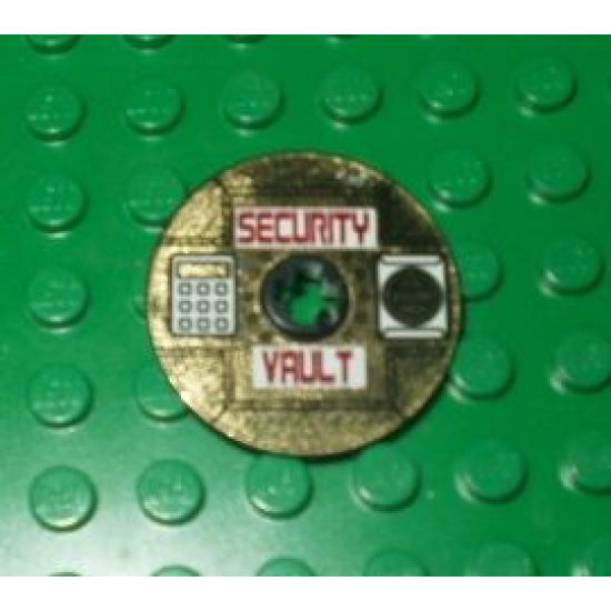 Technic, Disk 3 x 3 with Dark Red 'SECURITY VAULT' on Gold Background Pattern (Sticker) - Set 8107