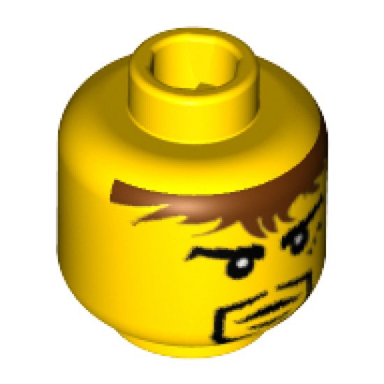 Minifigure, Head Black Goatee, Messy Brown Hair, Cleft Chin, 3 Marks under Left Eye Pattern (Adric) - Blocked Open Stud