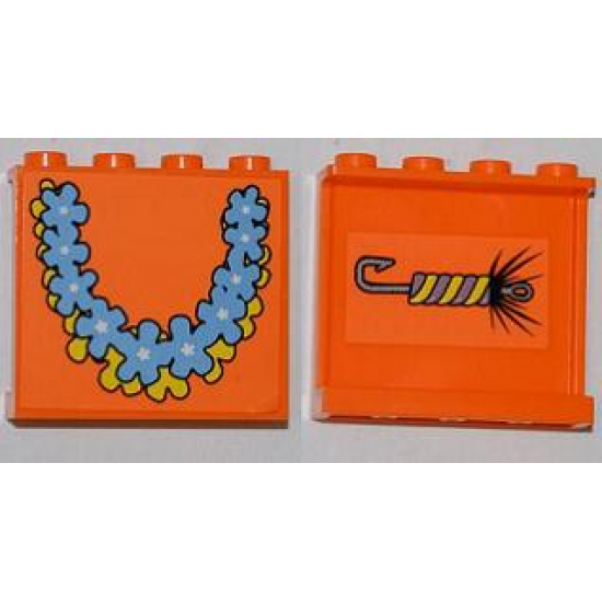 Panel 1 x 4 x 3 with Side Supports - Hollow Studs with Fishing Lure on Inside and Flower Garlands on Outside Pattern (Stickers) - Set 3818