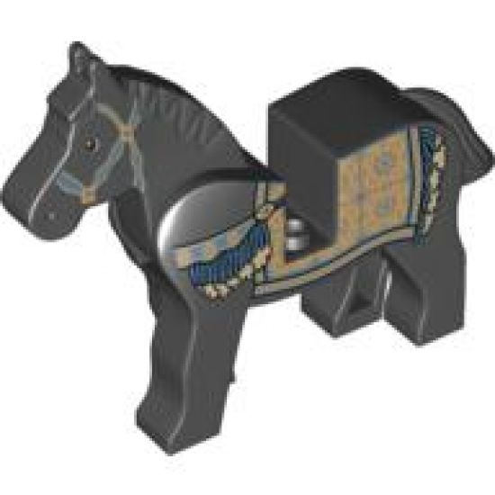 Horse, Prince of Persia with Black and White Eyes, White Pupils and Sand Blue and Gold Bridle and Persian Blanket Pattern (Aksh)