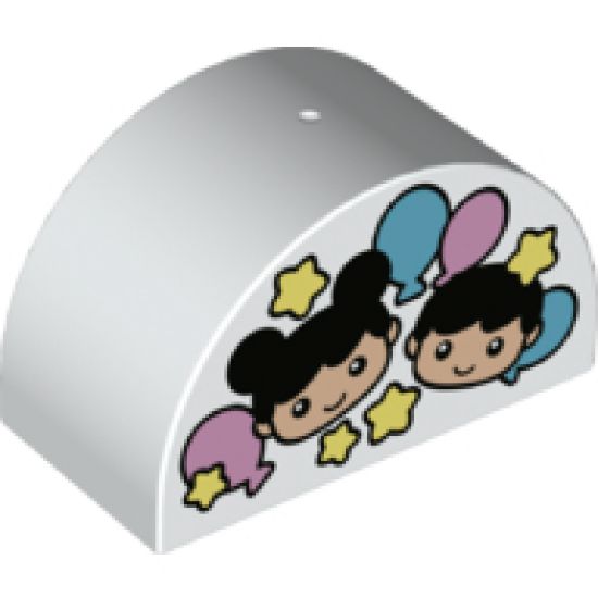 Duplo, Brick 2 x 4 x 2 Curved Top with with Boy and Girl in Stars and Balloons Pattern